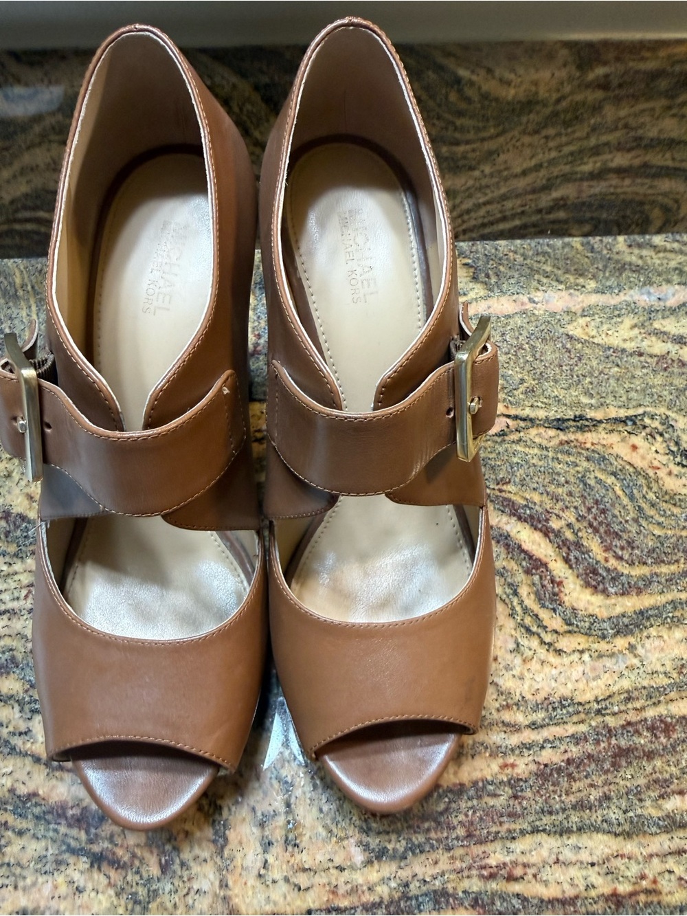 Michael Kors ELENI Platform Brown Leather Open Toe Mary Jane Block Heel Size 6.5